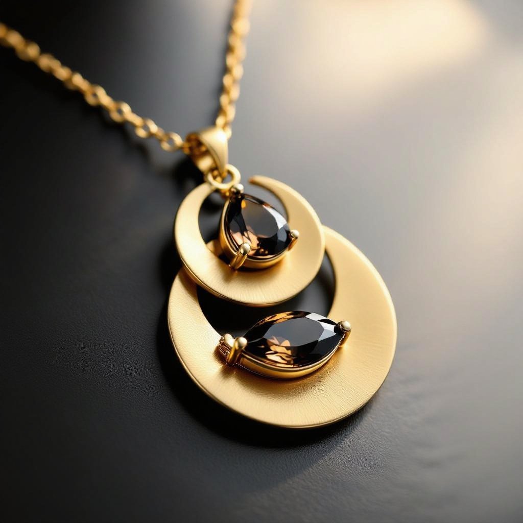 Подвеска из трех полумесяцев с узорами и камнями раухтопаза из матового неровного светлого золота с узорами соединенных цепочкой сверху самый широкий полукруг дальше средний и снизу самый маленький