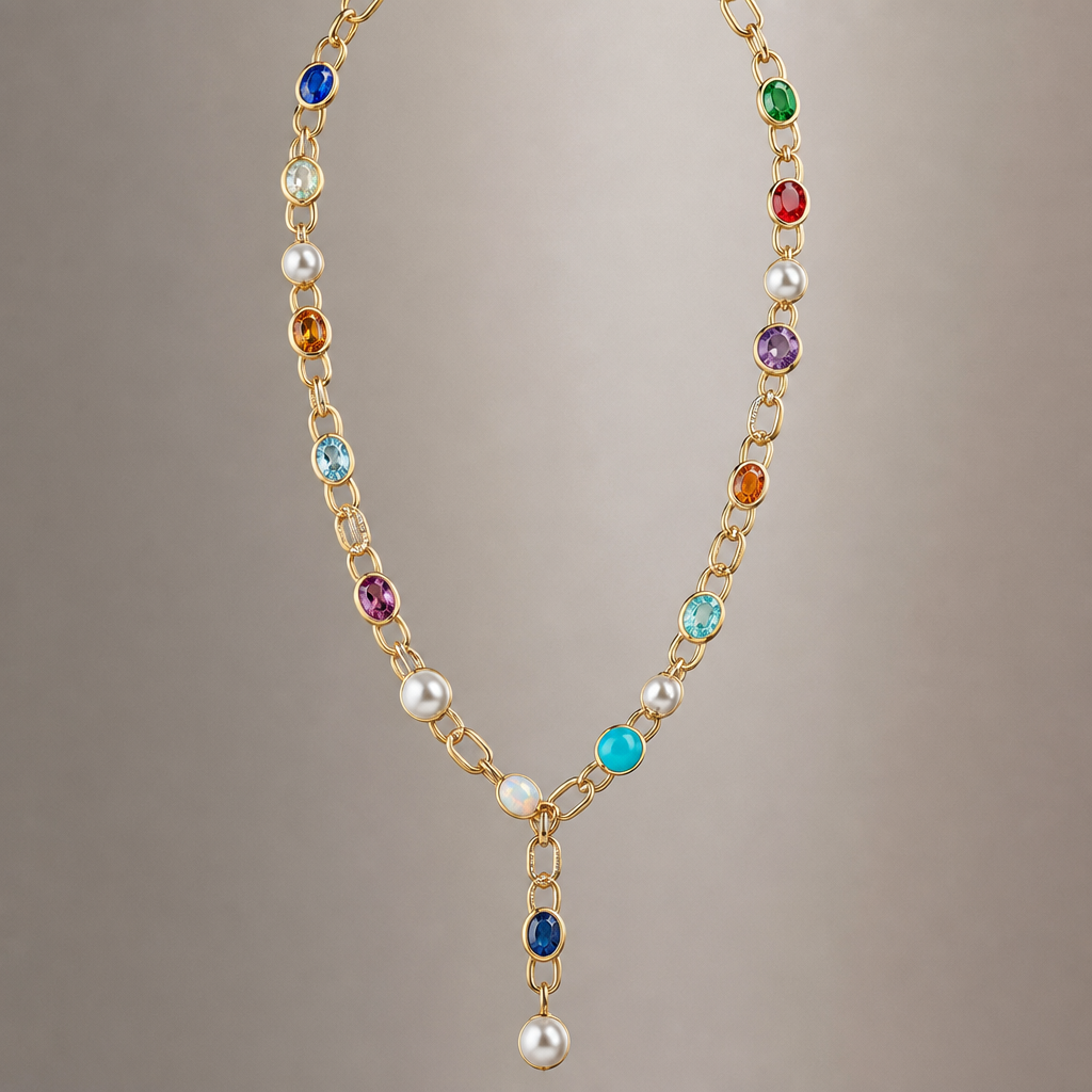 A women's necklace made of gold with diamond and ruby and pearl and emerald and sapphire and amethyst and garnet and aquamarine and turquoise and topaz and opal stones. un sautoir en or avec des maille marine
photorealistic jewelry design, A women's necklace made of gold with diamond and ruby and pearl and emerald and sapphire and amethyst and garnet and aquamarine and turquoise and topaz and opal stones. un sautoir en or avec des maille marine, modern style, just the design no text