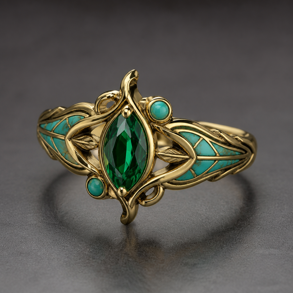 A art nouveau women's ring with emerald and turquoise stones suitable for daily wear, detailed and decorative, moderately ornate. uma anel inspirado no Zoro anime
photorealistic jewelry design, A art nouveau women's ring with emerald and turquoise stones suitable for daily wear, detailed and decorative, moderately ornate. uma anel inspirado no Zoro anime, art_nouveau style, just the design no text