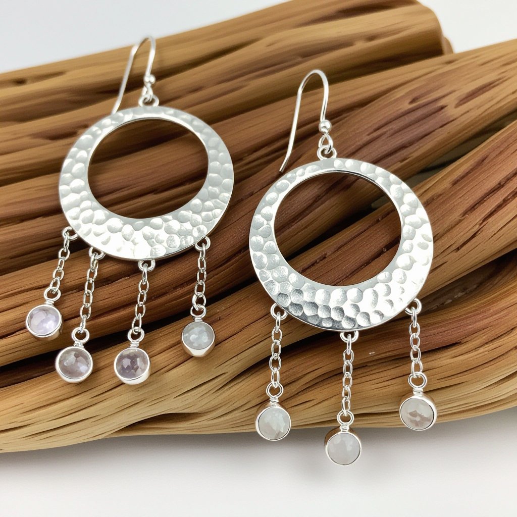 Серебряные серьги словно мятое сер ебро в форме полумесяца. Верхушка полумесяца крепится к застежке серьги.  От полумесяца идет три цепочки, у каждой на конце мелкий камушек лунный камень