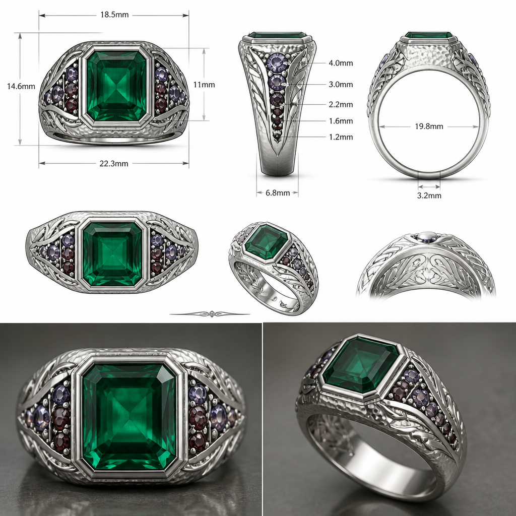 A art nouveau men's ring made of silver with emerald and garnet stones, detailed and decorative, moderately ornate. a square emerald cut 11mm by 11mm emerald in a signet ring with garnets on the side between 3 and 6 on each side that goes from really dark red almost black to purple and then blueish garnet at the top on the sides close to the emerald also making the blueish garnet 4mm and going a size smaller until the dark red at the bottom at 1.2mm
i would like a detailed sketch with mesures and also a photo realistique of the ring
id like some scandinavian ingraving
and a hammered texture on the top half that slowly transition to a polished finish on the bottom of the ring
photorealistic jewelry design, A art nouveau men's ring made of silver with emerald and garnet stones, detailed and decorative, moderately ornate. a square emerald cut 11mm by 11mm emerald in a signet ring with garnets on the side between 3 and 6 on each side that goes from really dark red almost black to purple and then blueish garnet at the top on the sides close to the emerald also making the blueish garnet 4mm and going a size smaller until the dark red at the bottom at 1.2mm
i would like a detailed sketch with mesures and also a photo realistique of the ring
id like some scandinavian ingraving
and a hammered texture on the top half that slowly transition to a polished finish on the bottom of the ring, art_nouveau style, just the design no text