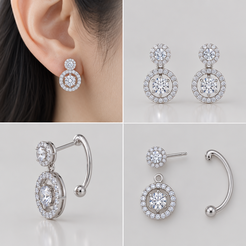 A women's earrings, minimalist, simple and delicate, clean lines. สามารถถอดออกเป็นส่วนๆได้,อ้อมหลังใบหู,4 views
using the attached image as a visual reference, create A women's earrings, minimalist, simple and delicate, clean lines. สามารถถอดออกเป็นส่วนๆได้,อ้อมหลังใบหู,4 views. photorealistic, just the design no text