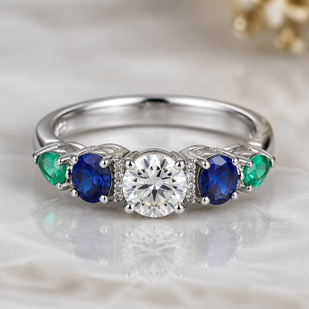A classic women's ring made of silver with diamond and sapphire and emerald stones suitable for engagement
photorealistic jewelry design, A classic women's ring made of silver with diamond and sapphire and emerald stones suitable for engagement, classic style, just the design no text