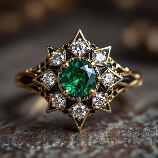 Anillo en oro con esmeralda trapiche con redonda y solo seis diamantes al rededor que forme un hexágono en el metal