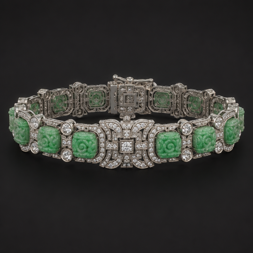 A art deco women's bracelet with diamond stones, highly ornate, intricate and elaborate, richly detailed. Create a 6-inch bracelet using the 12 beads shown in the attached picture. Each bead is 9.7 millimeters long.
using the attached image as a visual reference, create A art deco women's bracelet with diamond stones, highly ornate, intricate and elaborate, richly detailed. Create a 6-inch bracelet using the 12 beads shown in the attached picture. Each bead is 9.7 millimeters long.. photorealistic, just the design no text