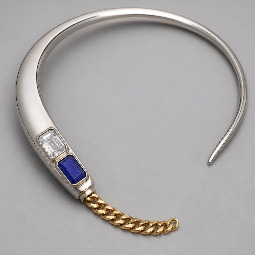 It is a TORQUE necklace. On the right side of the design, it’s going to start as a tapered and looking like a tail and that tip is going to sit just below the collarbone. It’s going to curve around the neck and as it curves it widen gradually when it comes around to the other side, it curves slightly up and then right back down to create like a wave. At the end it also tapers right back to a tail point. To close the gap between the two ends, I want a fused 6 mm type size gold Cuban chain to create a slight curve back up to the other small or short taper end. Where I want to add gemstones is going to be on the longer metal side. Before the metal connects with the chain on the long side in the area around where the collarbone ends, I want to stack two gemstones that are large in emerald cut I want a diamond sitting flush in the metal in a BEZEL setting and then right below that the exact same size gemstone of a DOUBLET lapis lazuli Emerald cut large gemstone with an with a quartz overlay. To recap the smooth metal that goes around the neck that I want to be in platinum or silver the gold chain in gold around a 14 karat so not yellow gold and the two gemstones on the long side of the TORQUE silver metal embedded or sitting flash or just above the silver
photorealistic jewelry design, It is a TORQUE necklace. On the right side of the design, it’s going to start as a tapered and looking like a tail and that tip is going to sit just below the collarbone. It’s going to curve around the neck and as it curves it widen gradually when it comes around to the other side, it curves slightly up and then right back down to create like a wave. At the end it also tapers right back to a tail point. To close the gap between the two ends, I want a fused 6 mm type size gold Cuban chain to create a slight curve back up to the other small or short taper end. Where I want to add gemstones is going to be on the longer metal side. Before the metal connects with the chain on the long side in the area around where the collarbone ends, I want to stack two gemstones that are large in emerald cut I want a diamond sitting flush in the metal in a BEZEL setting and then right below that the exact same size gemstone of a DOUBLET lapis lazuli Emerald cut large gemstone with an with a quartz overlay. To recap the smooth metal that goes around the neck that I want to be in platinum or silver the gold chain in gold around a 14 karat so not yellow gold and the two gemstones on the long side of the TORQUE silver metal embedded or sitting flash or just above the silver, just the design no text