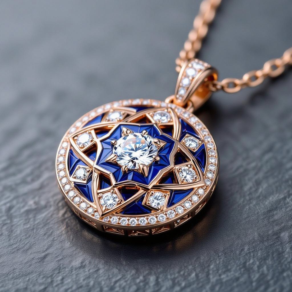 Men collecttion Pendant of different colors Geomatric edge of diamonds shaded of edge element in water background and vibes Rose gold , geometric diamonds, bezel set.  motif, blue enamel. Rose gold , geometric diamonds, bezel set.  motif, blue enamel.
