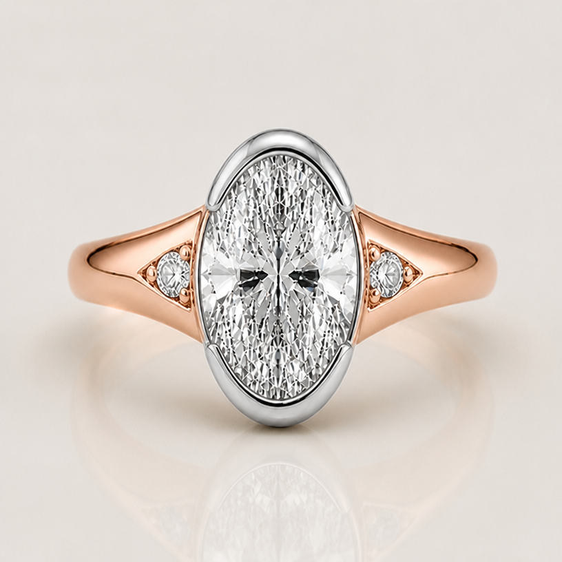 platinum on the stone, rose gold on the band
edit the attached jewelry design with these instructions: platinum on the stone, rose gold on the band. keep it photorealistic, just the design no text