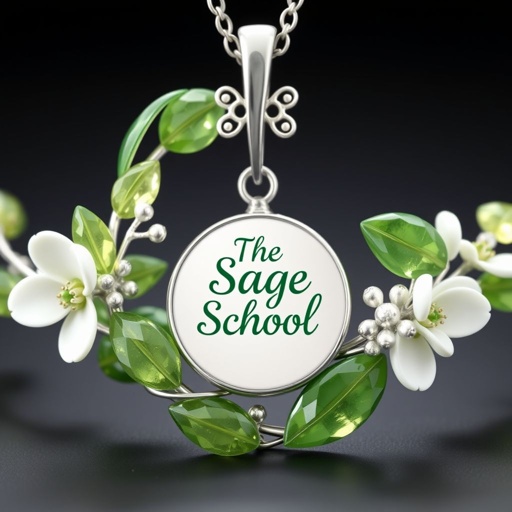 Green and white necklace that says The Sage School