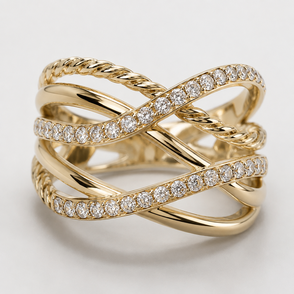 A women's ring. 9k yellow gold 4 band. twisted and smooth bands in a criss cross design. add diamonds to the bands
photorealistic jewelry design, A women's ring. 9k yellow gold 4 band. twisted and smooth bands in a criss cross design. add diamonds to the bands, modern style, just the design no text