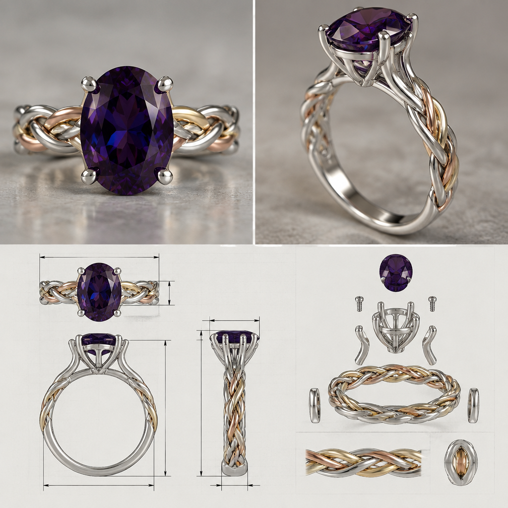 A nordic women's ring made of silver suitable for engagement, minimalist, simple and delicate, clean lines. i would like a ring with a deep dark purple/mauve almost not see thru with blueish reflection oval spinel mounted something feminin and also wicked and simplistic and durable also elegant and stylish the shank would be a 3 colors S pattern braid in gold rose gold and silver and sided by a silver ring on both side with a cathedral bascket style mount for the gem
i would like to see a photo reealistic rendering of the piece and also a sketch with detailed graphics and measurments and assembling plan
photorealistic jewelry design, A nordic women's ring made of silver suitable for engagement, minimalist, simple and delicate, clean lines. i would like a ring with a deep dark purple/mauve almost not see thru with blueish reflection oval spinel mounted something feminin and also wicked and simplistic and durable also elegant and stylish the shank would be a 3 colors S pattern braid in gold rose gold and silver and sided by a silver ring on both side with a cathedral bascket style mount for the gem
i would like to see a photo reealistic rendering of the piece and also a sketch with detailed graphics and measurments and assembling plan, nordic style, just the design no text
