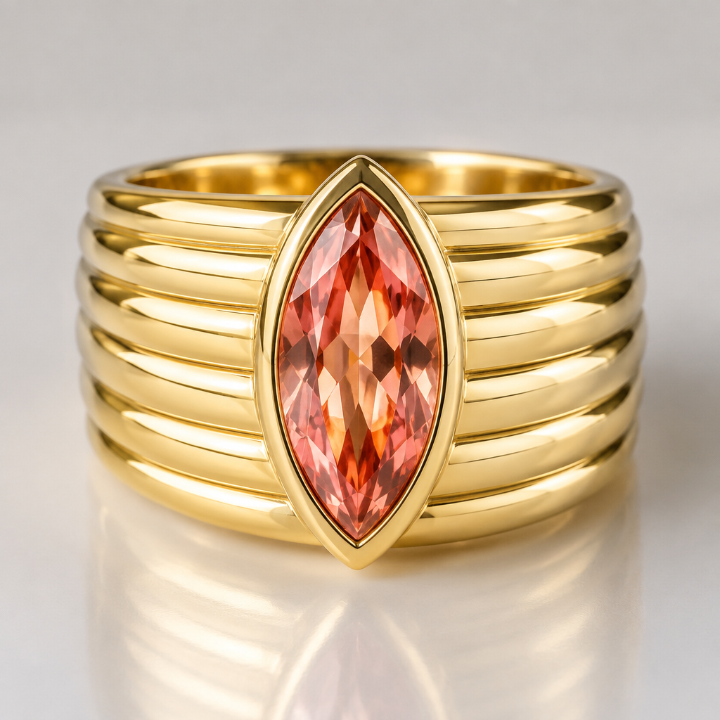 A gold signet-style ring, uniform consistent width all the way around the band, featuring exactly 6 horizontal ribbed sections of equal width, a marquise-cut padparadscha sapphire in pink-orange color as the center stone, bezel setting, polished bright gold finish, bold contemporary style, jewelry product photography lighting, highly detailed, 8k
photorealistic jewelry design, A gold signet-style ring, uniform consistent width all the way around the band, featuring exactly 6 horizontal ribbed sections of equal width, a marquise-cut padparadscha sapphire in pink-orange color as the center stone, bezel setting, polished bright gold finish, bold contemporary style, jewelry product photography lighting, highly detailed, 8k, just the design no text