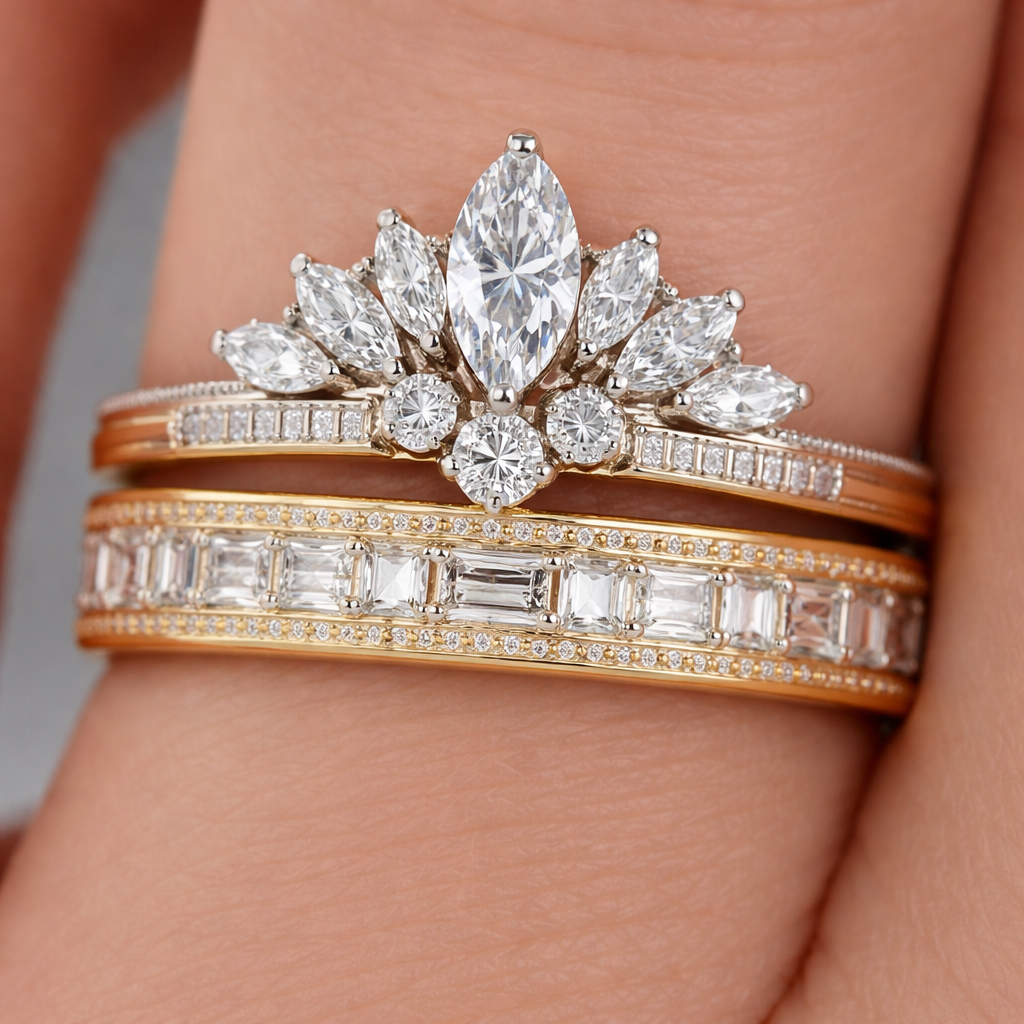 Create a ring in 14k yellow gold, set in platinum. The center stone is a .60 size marquise diamond with a .25 round diamond set directly under the marquise. Add 6 more marquise shaped diamonds and 2 more round diamonds and 4 to 6 rectangle shaped baguettes in the shape of a crown with a 4mm thick gold yellow gold band. Add a 5mm yellow gold wedding band with 2 rows of square baguettes set in platinum