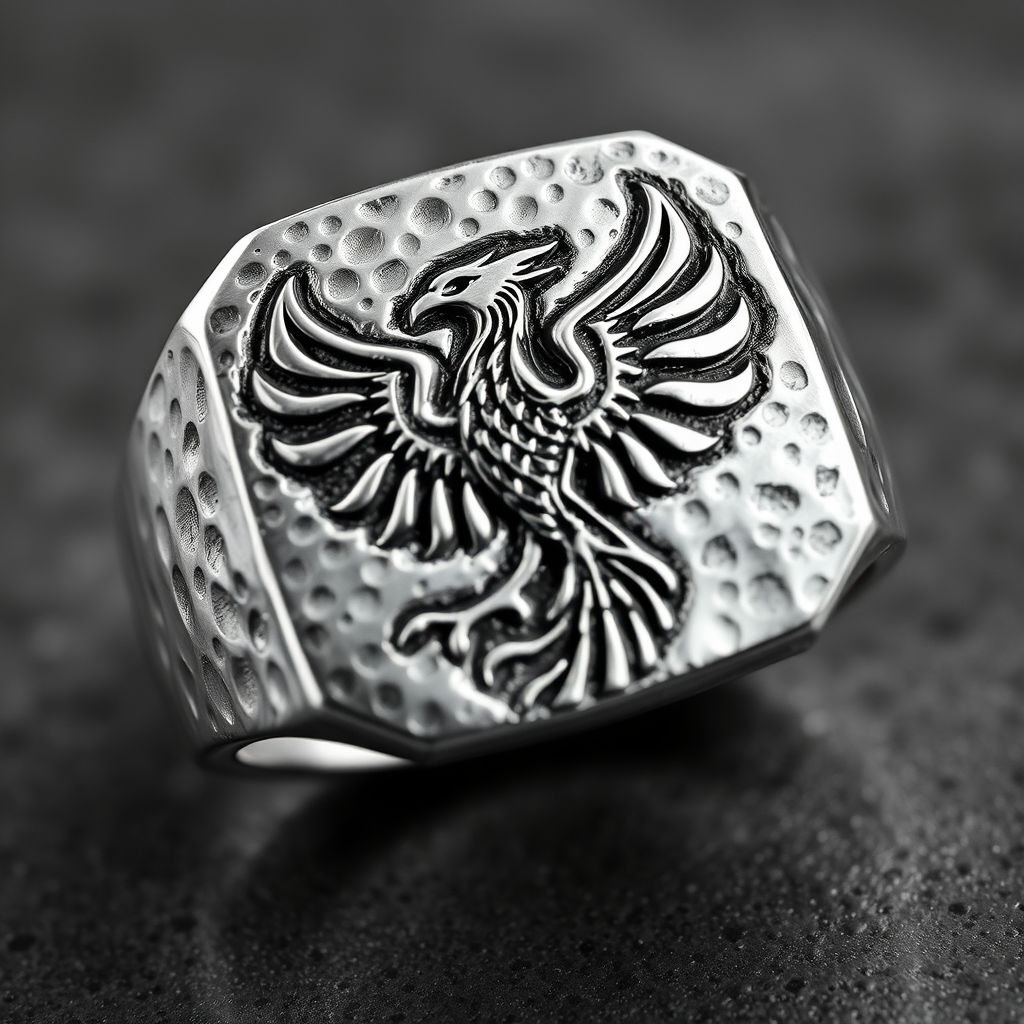 A silver segnit ring with a phoenix symbol printed on it for men