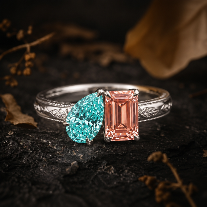 A minimalist women's ring made of silver suitable for wedding, detailed and decorative, moderately ornate. with Paraiba colour pear stone and parapadsha rectangular stone all in radiant cut & thicker ring band
using the attached image as a visual reference, create A minimalist women's ring made of silver suitable for wedding, detailed and decorative, moderately ornate. with Paraiba colour pear stone and parapadsha rectangular stone all in radiant cut & thicker ring band. photorealistic, just the design no text