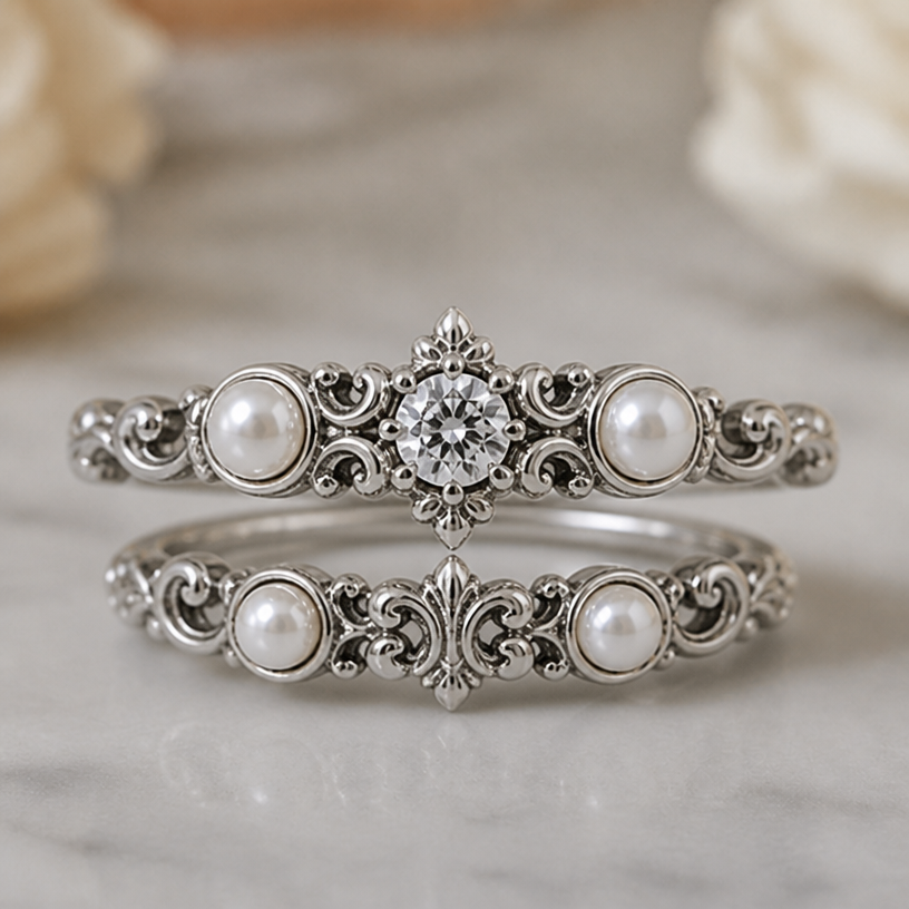 Pearls on the side and a rhinestone in the middle, make the form slimmer
edit the attached jewelry design with these instructions: Pearls on the side and a rhinestone in the middle, make the form slimmer. keep it photorealistic, just the design no text