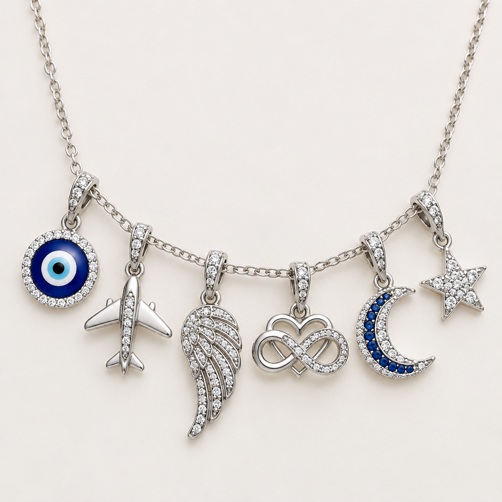 a beautiful blue-and-white evil eye, airplane, angel wing, heart-infinity symbol, crescent moon, and one star,
photorealistic jewelry design, a beautiful blue-and-white evil eye, airplane, angel wing, heart-infinity symbol, crescent moon, and one star,, modern style, just the design no text