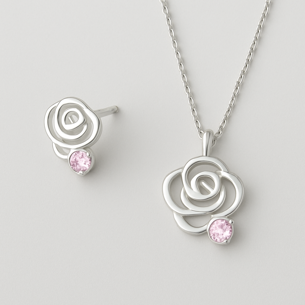 Create an earring with "Eternal Bloom" Necklace: A silver chain with a pendant of a small, stylized rose made from polished silver, with a single dewdrop-like pink cubic zirconia at its center.