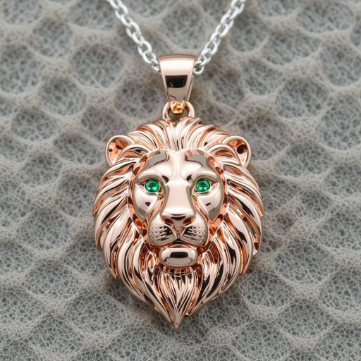 Lion pendant with emeralds for eyes and lion is rose pink gold and silver for the necklace