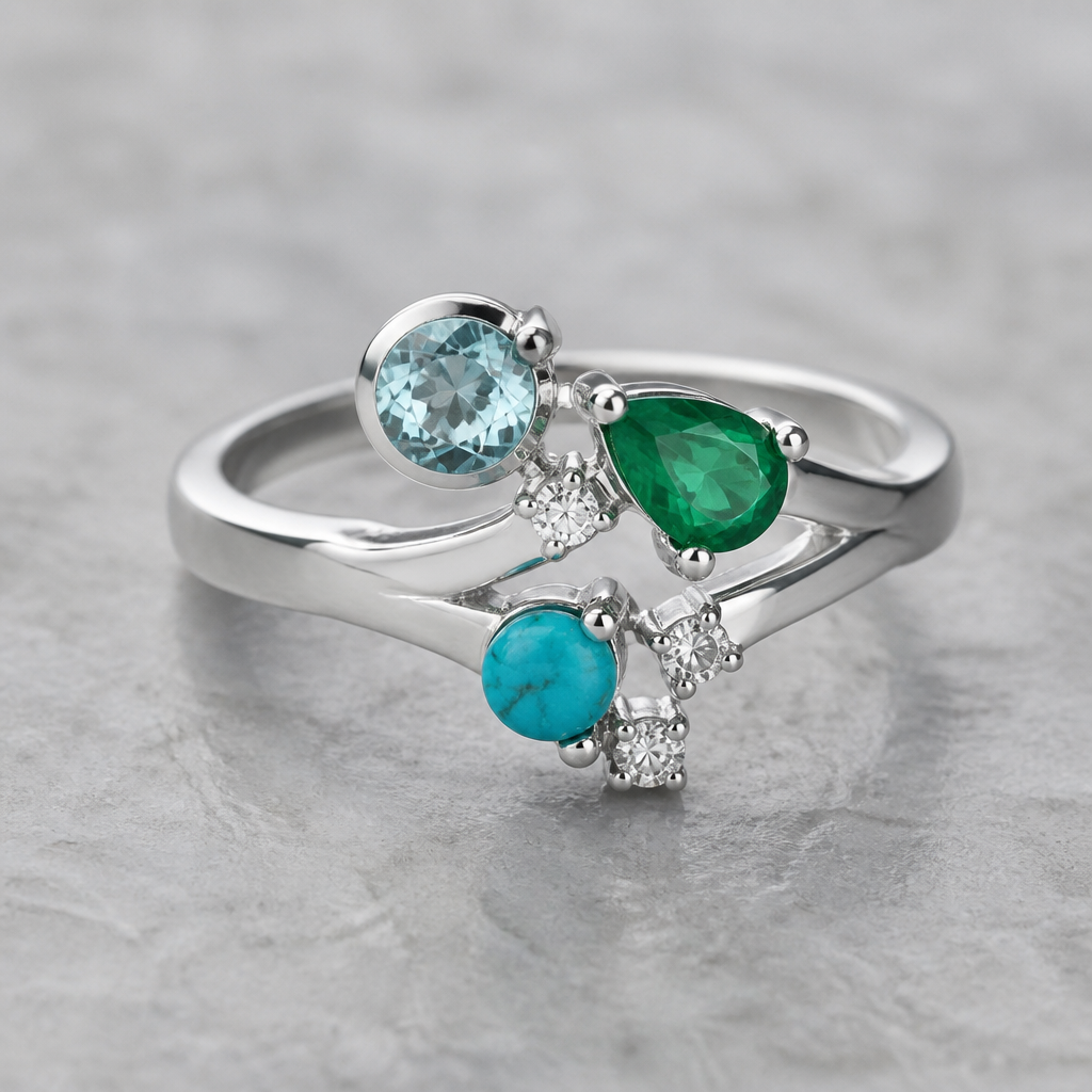 A nordic women's ring made of platinum with emerald and aquamarine and turquoise stones
photorealistic jewelry design, A nordic women's ring made of platinum with emerald and aquamarine and turquoise stones, nordic style, just the design no text