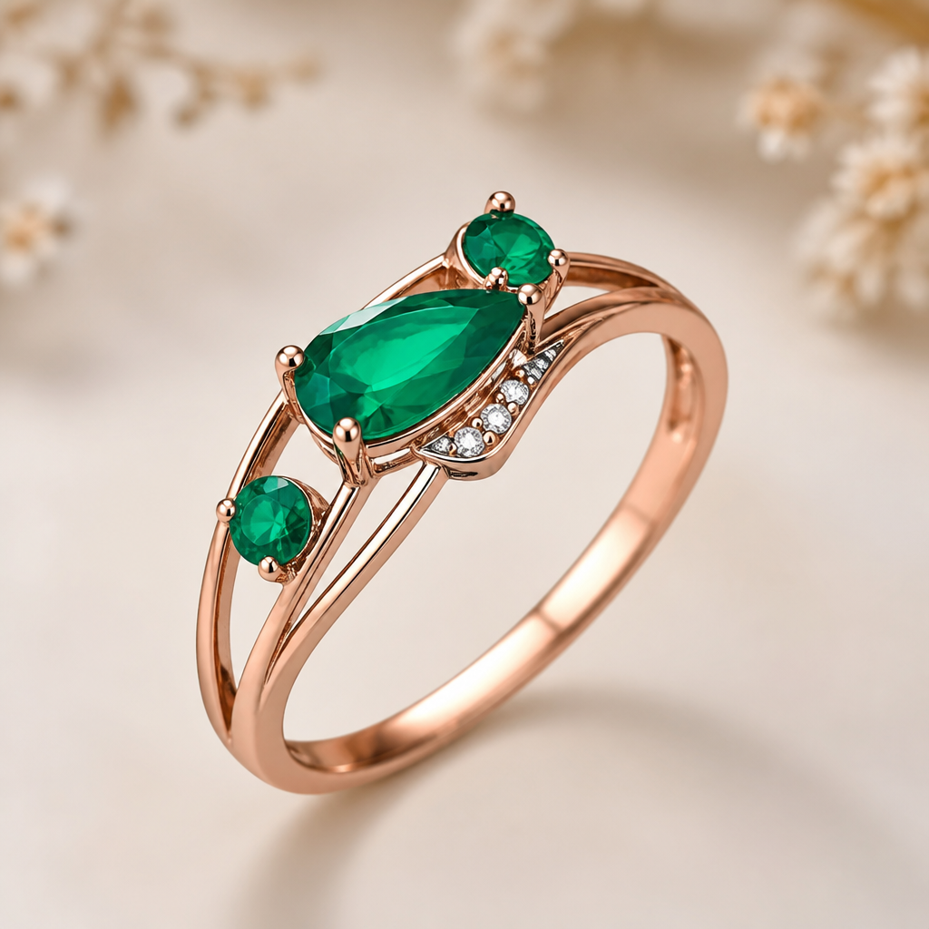 A modern women's ring made of rose gold with emerald stones suitable for wedding