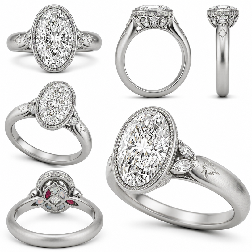 A women's ring. 16×11 mm oval diamond
Fine milgrain full bezel
No visible halo whatsoever from the top (I think this is the right decision—it keeps the oval looking crisp and uninterrupted.)
Hidden halo tucked completely beneath the bezel, visible only from the side if you intentionally look for it.
Six-petal lotus basket with elongated marquise diamonds flowing seamlessly into the shoulders.
4 mm brushed platinum comfort-fit dome band, tapering gently to about 3 mm at the base.
Soft euro shank for stability.
Sparse celestial engraving only on the upper shoulders, fading away as the band descends.
A deeply personal bridge engraving ♾️ with garnet and opal in each circle
using the attached image as a visual reference, create A women's ring. 16×11 mm oval diamond
Fine milgrain full bezel
No visible halo whatsoever from the top (I think this is the right decision—it keeps the oval looking crisp and uninterrupted.)
Hidden halo tucked completely beneath the bezel, visible only from the side if you intentionally look for it.
Six-petal lotus basket with elongated marquise diamonds flowing seamlessly into the shoulders.
4 mm brushed platinum comfort-fit dome band, tapering gently to about 3 mm at the base.
Soft euro shank for stability.
Sparse celestial engraving only on the upper shoulders, fading away as the band descends.
A deeply personal bridge engraving ♾️ with garnet and opal in each circle. photorealistic, just the design no text