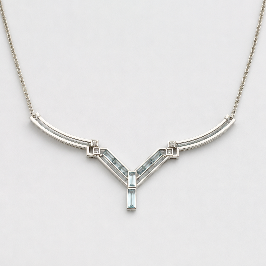 A art deco women's necklace made of silver with aquamarine stones suitable for daily wear, minimalist, simple and delicate, clean lines. collar art deco
photorealistic jewelry design, A art deco women's necklace made of silver with aquamarine stones suitable for daily wear, minimalist, simple and delicate, clean lines. collar art deco, art_deco style, just the design no text