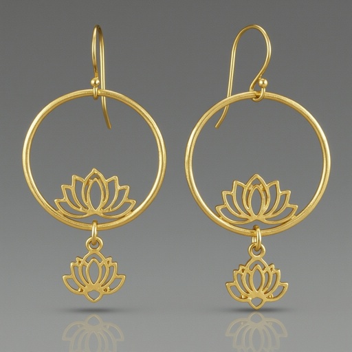 Серьги на круглой застежке из матового золоса, подвески на кольцах в виде шестилепесткового лотоса 