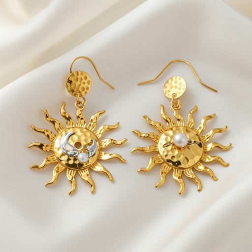 Золотые серьги словно мятое золото в форме горящего солнца с волнистыми лучами, в центре солнца круглая дыра. крепится к застежке серьги. К нижней части солнца крепятся подвески: миниатюрная серебристая луна, очень маленький жемчуг и маленький золотой кружочек с мятым эффектом плоский