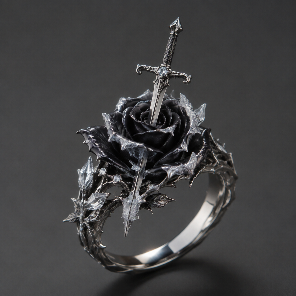 A women's ring. a sword pierced down on a black rose with ice features
photorealistic jewelry design, A women's ring. a sword pierced down on a black rose with ice features, modern style, just the design no text