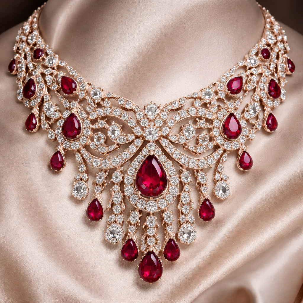 A luxury women's necklace made of rose gold with diamond and ruby stones suitable for wedding. a special necklace and that are only one piece in our world and heavy more elegant and special
A luxury women's necklace made of rose gold with diamond and ruby stones suitable for wedding. a special necklace and that are only one piece in our world and heavy more elegant and special, luxury style