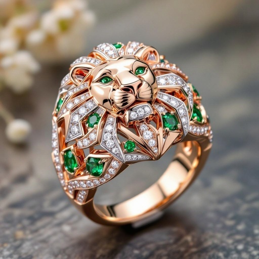 Geometric lion ring of rose gold and white goldGeomatricw lion of architecture shape and edge of diamonds and emerlad of rose gold 