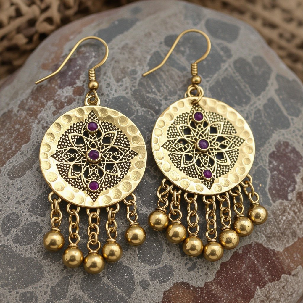 Серьги длинные на цепочках матовое золото мятое. Символ схематично созвездие. Маленькие фиолетовые камушки