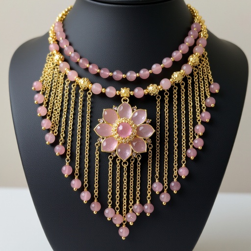 Цепочка из золота с золотыми мелкими шариками и мелкими из мелкого розового кварца посредине лотос от лотоса идут цепочки золотые вниз