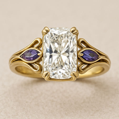 2 carat elongated cushion cut diamond engagement ring with double claw prongs in yellow gold ring with marquise shaped alexandrite side stones 