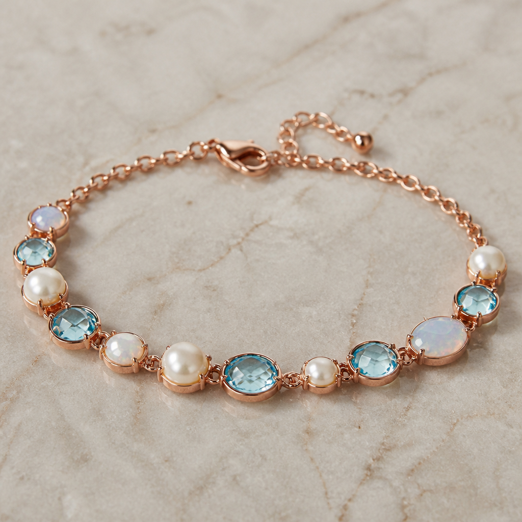 A modern women's bracelet made of rose gold with pearl and aquamarine and opal stones suitable for daily wear
