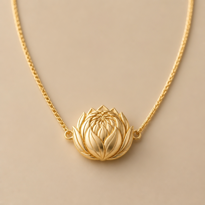 A minimalist women's necklace made of gold, minimalist, simple and delicate, clean lines. foxtail chain with this flower in the middle with no leafs
using the attached image as a visual reference, create A minimalist women's necklace made of gold, minimalist, simple and delicate, clean lines. foxtail chain with this flower in the middle with no leafs. photorealistic, just the design no text
