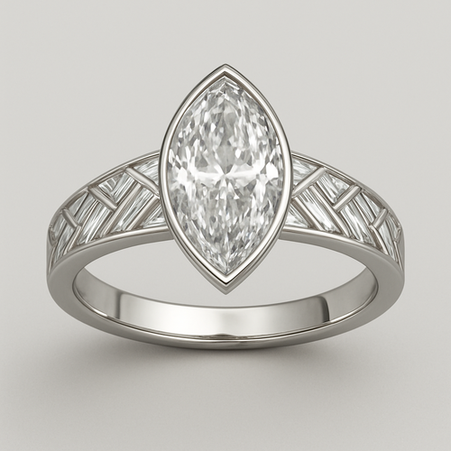 Bezel set 6 carat marquise diamond center stone with baguette diamonds in a herringbone pattern in the band