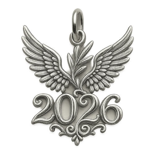 Shiny silver cut-out charm only with  two spread out bird wings, an olive branch and  along year 2026