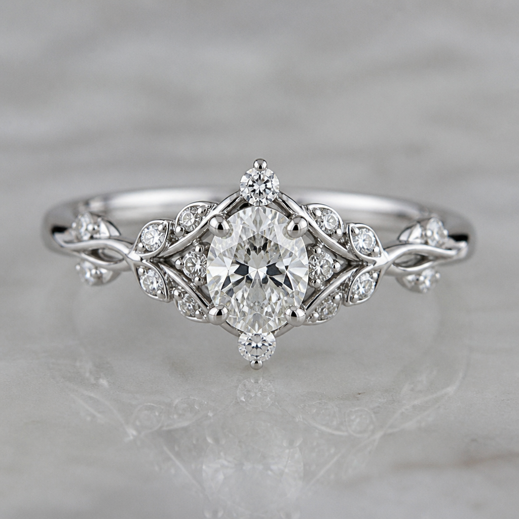 A bespoke/custom women's ring made of white gold with diamond stones suitable for wedding. A 0.70-carat oval diamond is used as the center stone.
photorealistic jewelry design, A bespoke/custom women's ring made of white gold with diamond stones suitable for wedding. A 0.70-carat oval diamond is used as the center stone., bespoke_custom style, just the design no text
