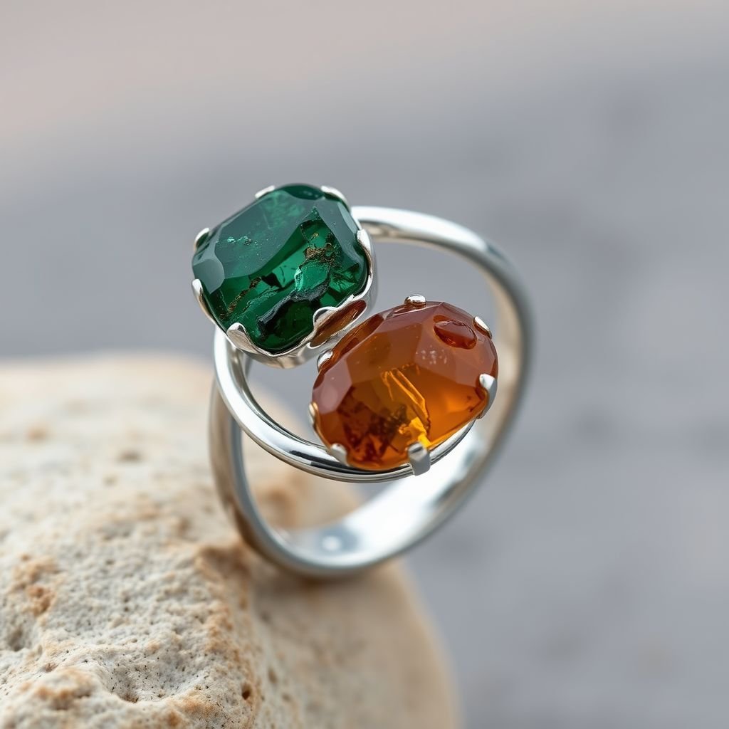 Craft a minimalist silver adjustable ring that delicately embraces the finger. Feature two striking raw natural gemstones—allowing their organic textures and colors to stand out. The design exudes earthy elegance, merging modern style with raw, untamed nature.