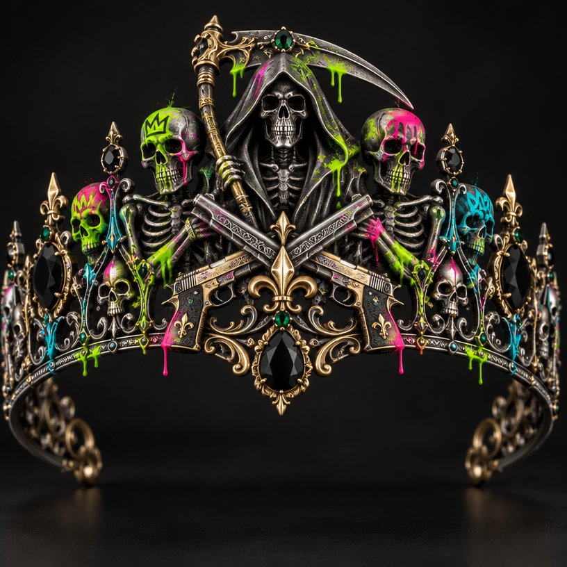 A gothic women's tiara made of mixed metal suitable for formal. a reaper with skeletonswith neon graffiti around the skull and pistols crossing "the family " written in old english
using the attached image as a visual reference, create A gothic women's tiara made of mixed metal suitable for formal. a reaper with skeletonswith neon graffiti around the skull and pistols crossing "the family " written in old english. photorealistic, just the design no text