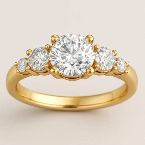 Gold engagement ring with two big diamonds, two medium diamonds, and two small diamonds. 