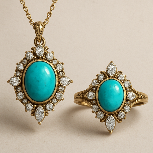 to design a pendant and a ring featuring the main turquoise incorporating round, marquise, and pear-shaped diamonds as additional elements. 