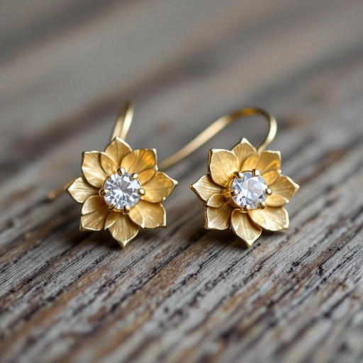 Серьги золото изящный маленький плоский лотос с необработанным маленьким хрусталем в центре
