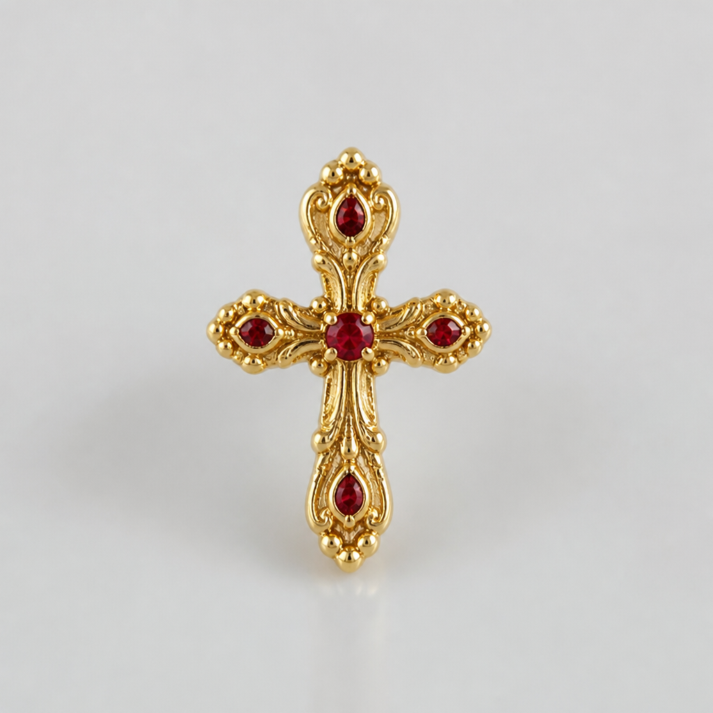 Dainty and feminine Gold cross with rubies, majority gold . Hidden bail
photorealistic jewelry design, Dainty and feminine Gold cross with rubies, majority gold . Hidden bail, bespoke style, just the design no text