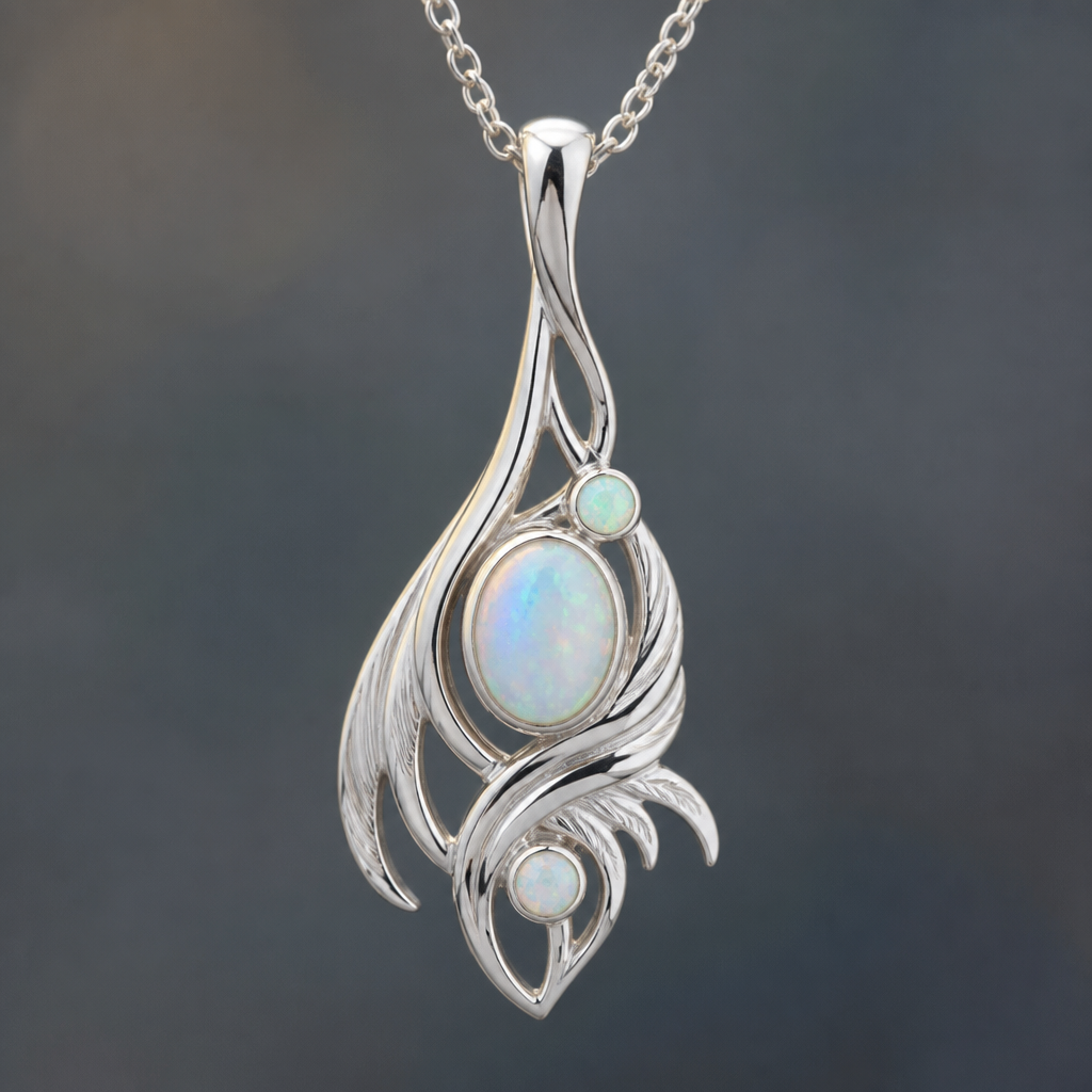 A fantasy women's pendant made of silver with opal stones suitable for daily wear
photorealistic jewelry design, A fantasy women's pendant made of silver with opal stones suitable for daily wear, fantasy style, just the design no text