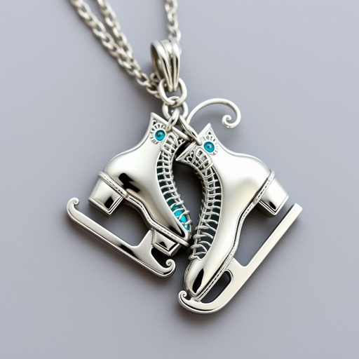 Silver pendant in the shape of ice skating blades with a turquoise stripe within the blade