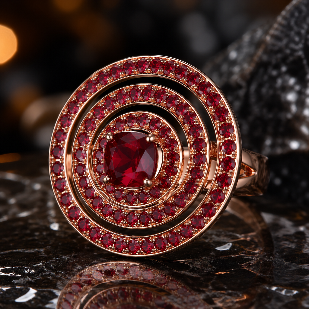 A women's ring. A luxury statement ring meticulously designed as three concentric circles nestled within each other, made of polished 18k rose gold. Each of the three circular hoops is densely paved with small, sparkling, brilliant-cut natural rubies, creating three continuous rings of intense red fire. At the very center, inside the smallest circle, rests a prominent, larger cushion-cut deep red ruby in a secure rose gold setting. The ring rests gracefully on a dark obsidian stone surface, with realistic reflections and a softly blurred, sophisticated background (bokeh). Diffused cinematic lighting highlights the facets of the rubies and the rich color of the rose gold. Highly detailed macro photograph, sharp focus, photorealistic 8k, jewelry catalog style.
photorealistic jewelry design, A women's ring. A luxury statement ring meticulously designed as three concentric circles nestled within each other, made of polished 18k rose gold. Each of the three circular hoops is densely paved with small, sparkling, brilliant-cut natural rubies, creating three continuous rings of intense red fire. At the very center, inside the smallest circle, rests a prominent, larger cushion-cut deep red ruby in a secure rose gold setting. The ring rests gracefully on a dark obsidian stone surface, with realistic reflections and a softly blurred, sophisticated background (bokeh). Diffused cinematic lighting highlights the facets of the rubies and the rich color of the rose gold. Highly detailed macro photograph, sharp focus, photorealistic 8k, jewelry catalog style., modern style, just the design no text