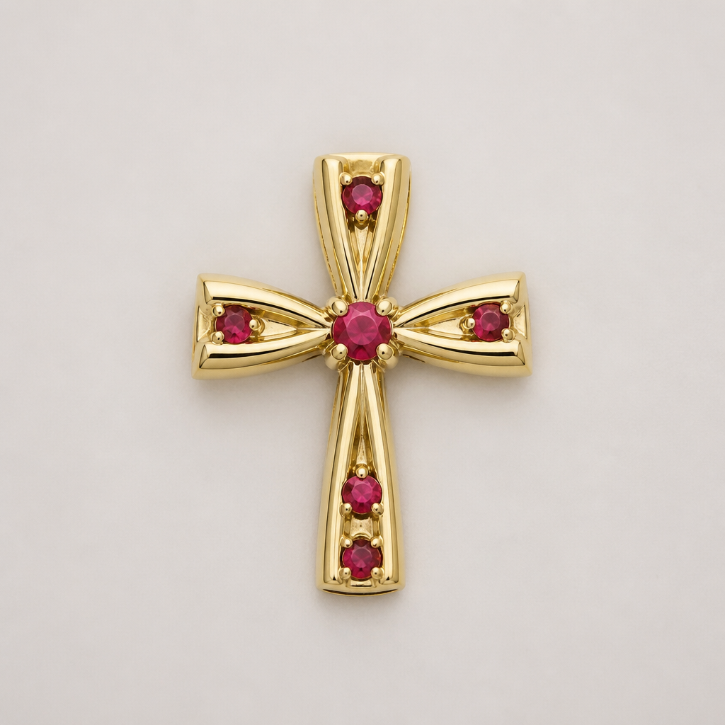 Dainty and feminine Gold cross with rubies, majority gold . Hidden bail
photorealistic jewelry design, Dainty and feminine Gold cross with rubies, majority gold . Hidden bail, contemporary style, just the design no text